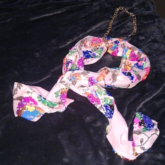 Colorful Sequin Wrap, Scarf top, Chain Halter. - Picture 2 of 8